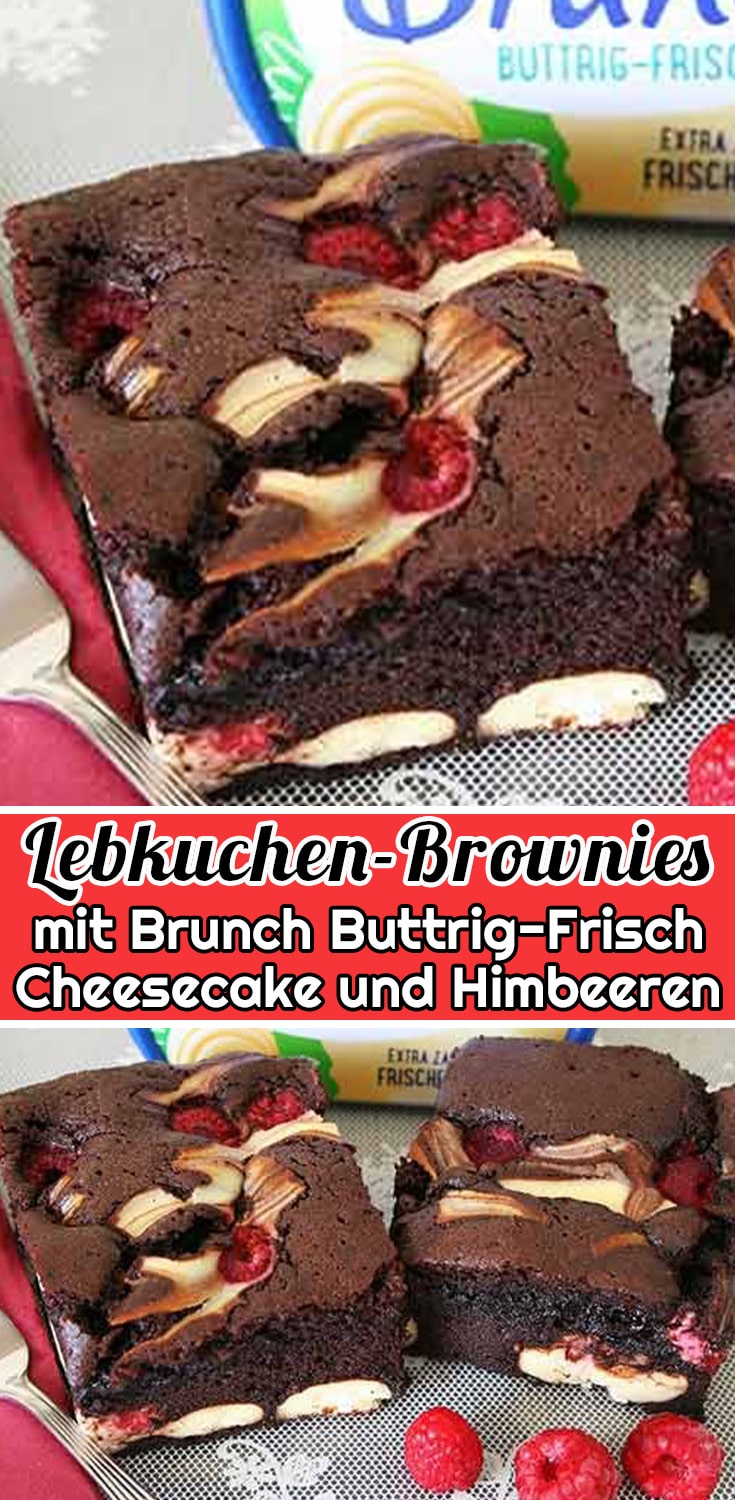 Lebkuchen-Brownies mit Brunch Buttrig-Frisch Cheesecake und Himbeeren Rezept
