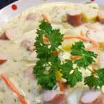 Kohlrabikartoffelmohrrübeneintopf mlt Wiener Würstchen