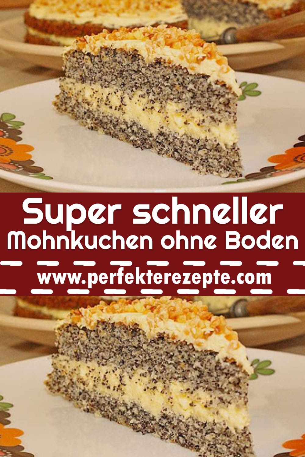 Super schneller Mohnkuchen ohne Boden mit Paradiescreme und Haselnusskrokant