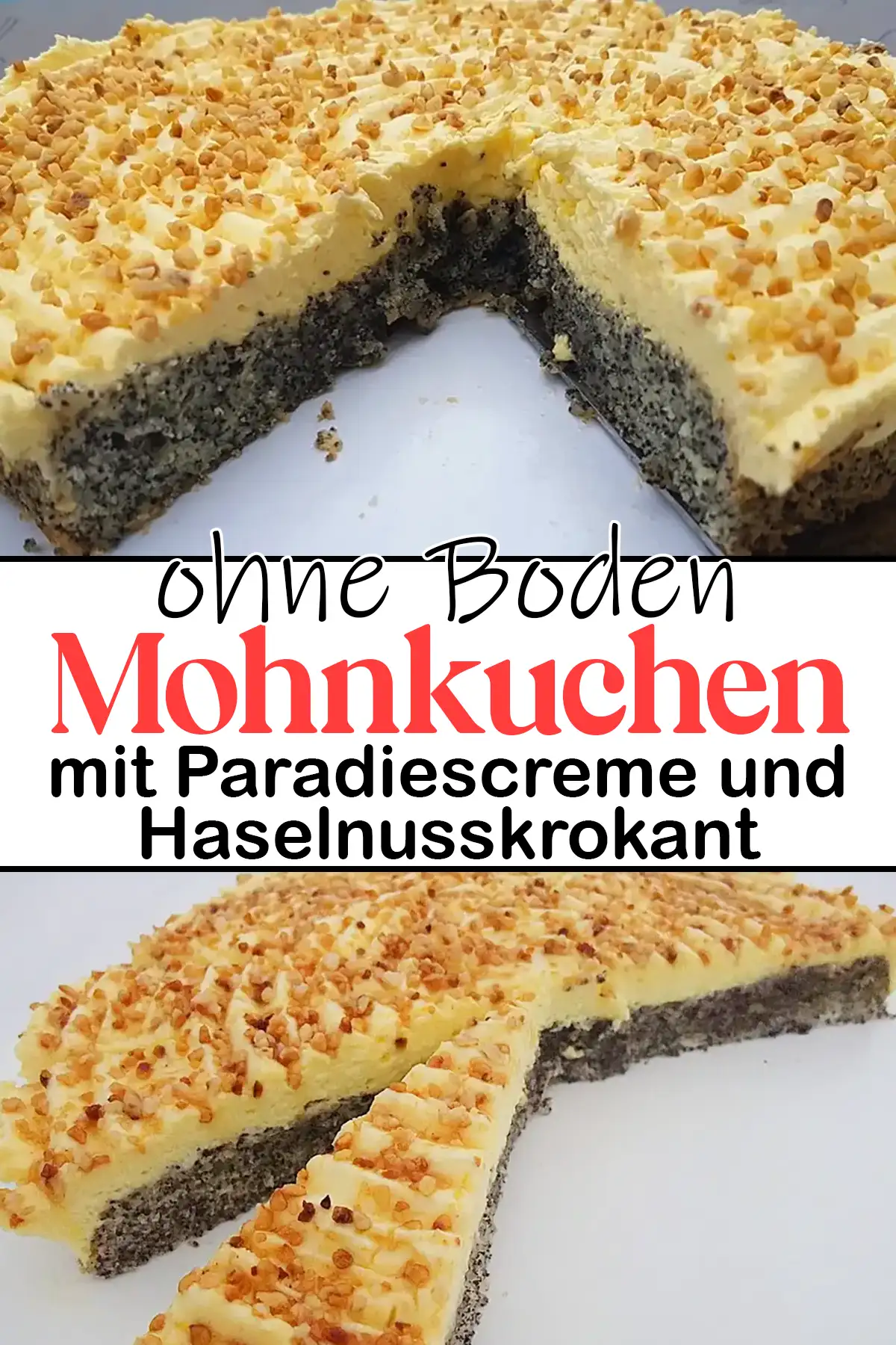 Super schneller Mohnkuchen ohne Boden mit Paradiescreme und Haselnusskrokant