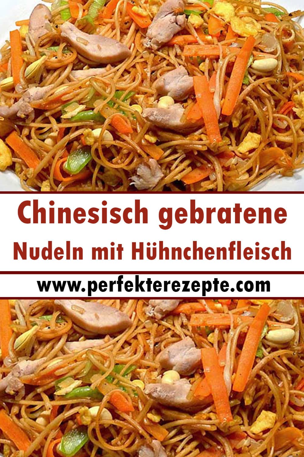 Chinesisch gebratene Nudeln mit Hühnchenfleisch, Ei und Gemüse Rezept