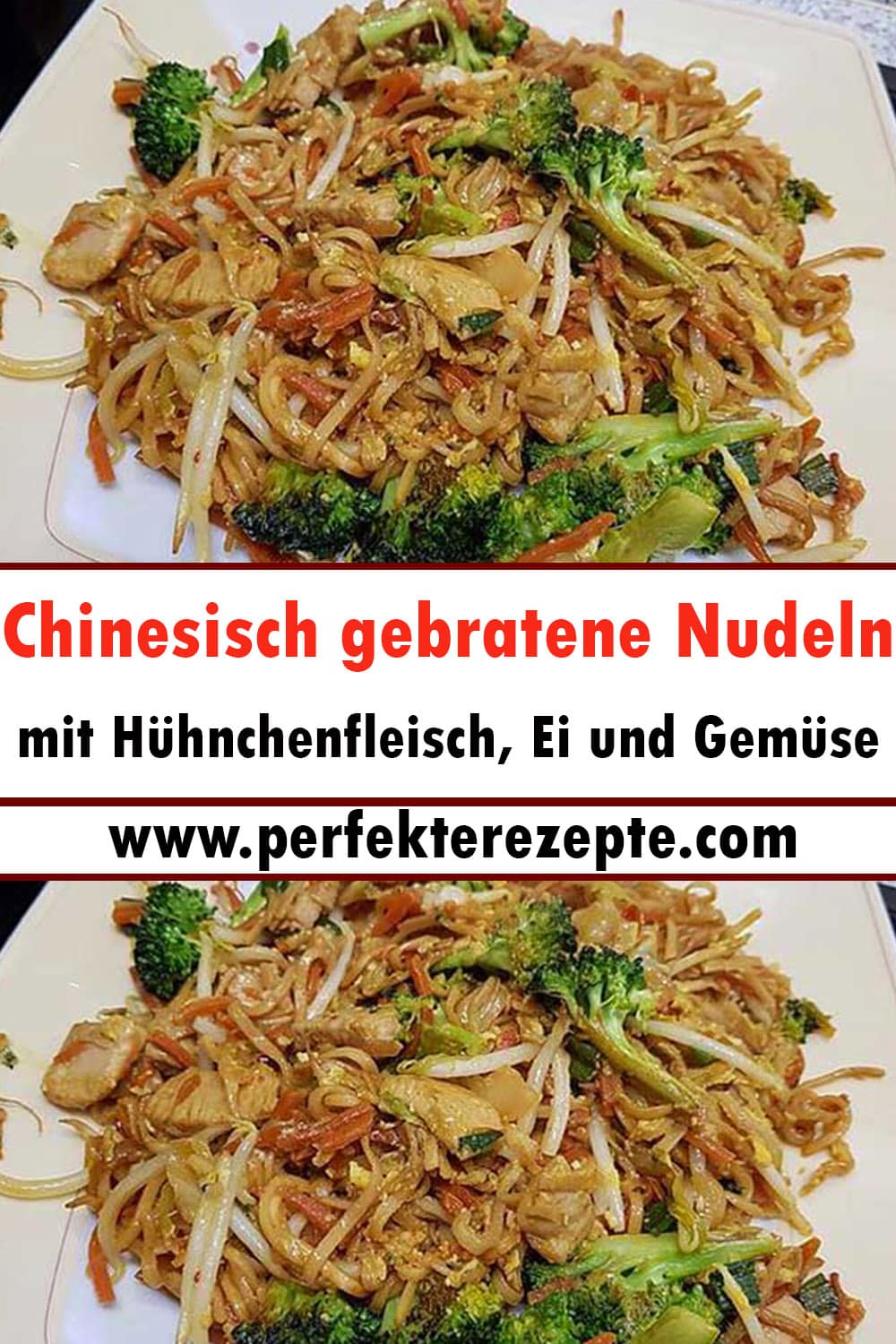 Chinesisch gebratene Nudeln mit Hühnchenfleisch, Ei und Gemüse Rezept