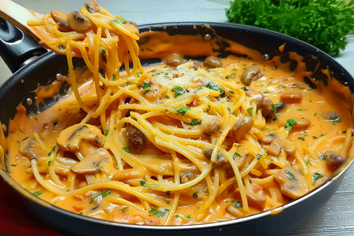 Champignons Spaghetti Rezept aus der Pfanne