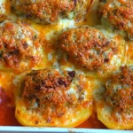 Gefüllte Kartoffeln mit Hackbällchen in Tomatensoße Rezept
