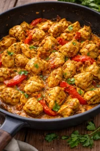 Eine Portion Schnitzel aus der Pfanne mit cremiger Sauce und frischen Kräutern serviert