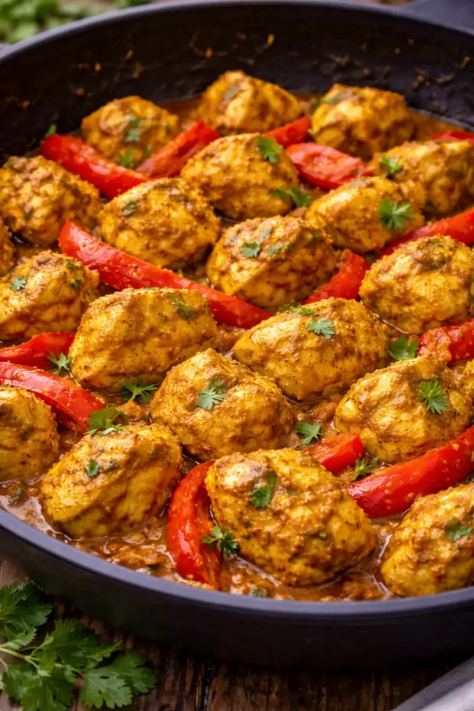 Nahaufnahme von gebratenen Schnitzelstücken in einer dunklen Sauce mit Zwiebeln und Pilzen