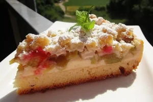 Rhabarberkuchen mit Vanillecreme und Streusel Rezept