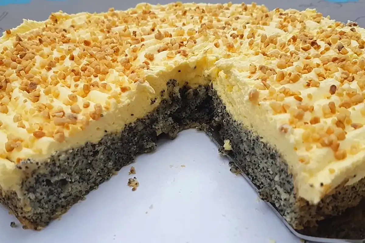 Mohnkuchen ohne Boden mit Paradiescreme und Haselnusskrokant Rezept