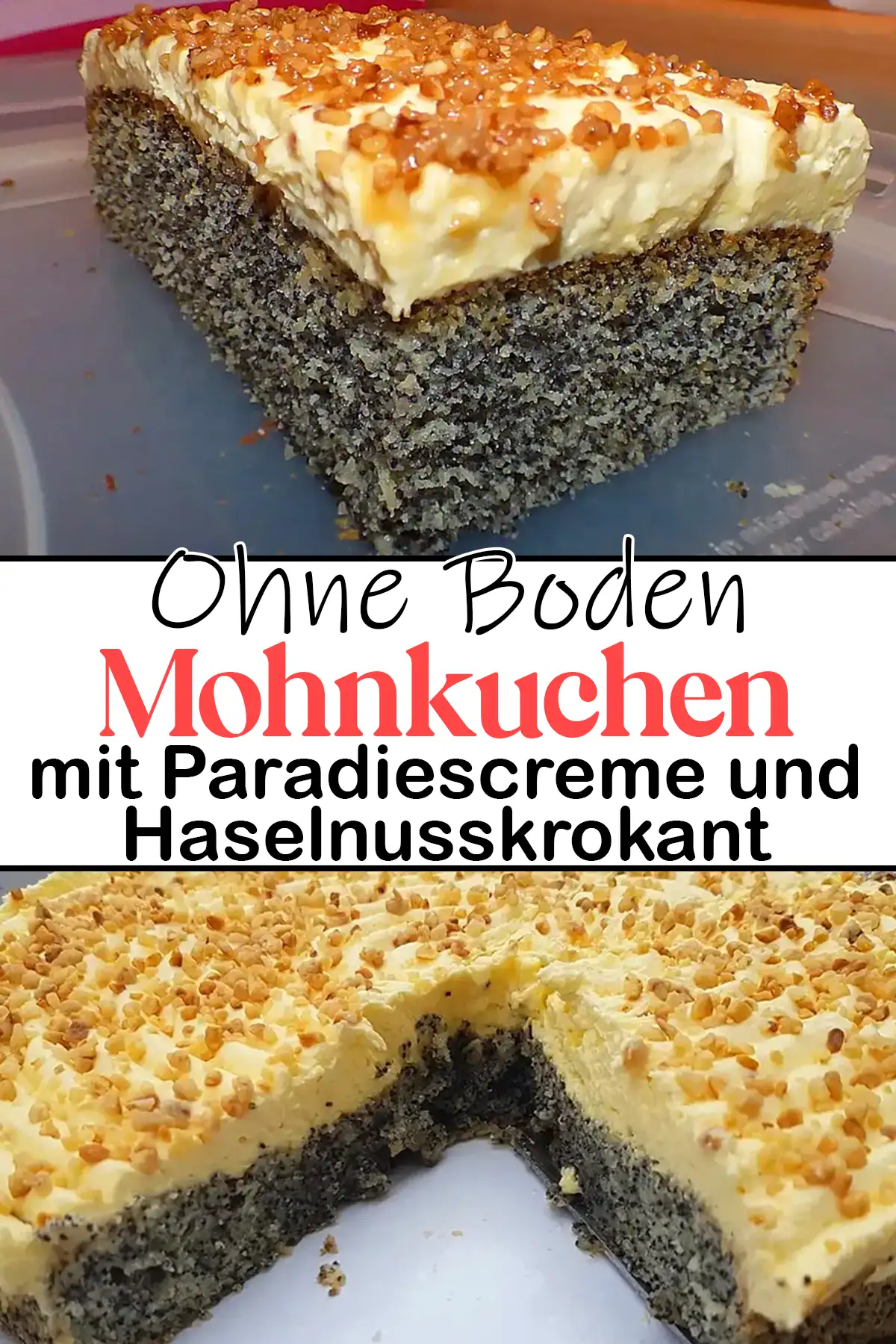 Mohnkuchen ohne Boden mit Paradiescreme und Haselnusskrokant Rezept