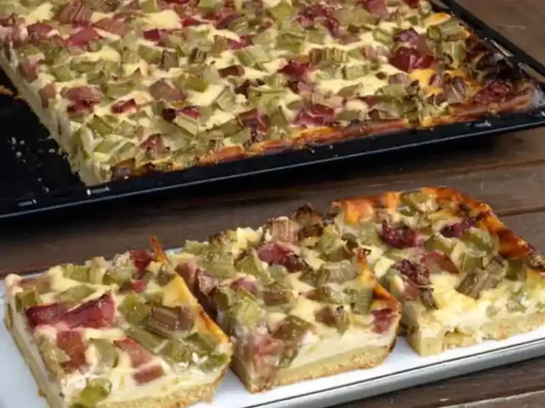 Quark Rhabarberkuchen mit Vanillepudding Rezept