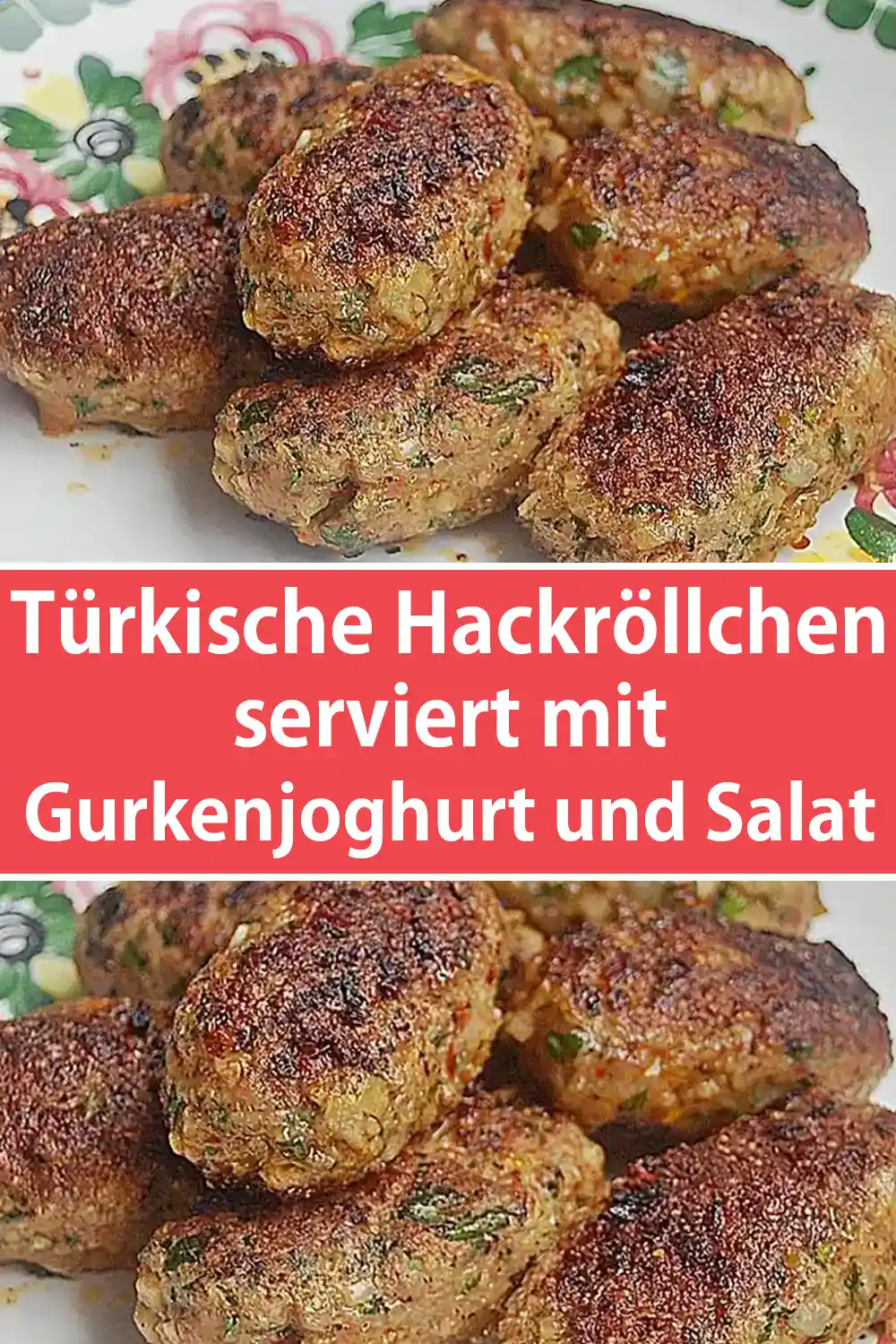 Leckere türkische Hackröllchen serviert mit Gurkenjoghurt und Salat