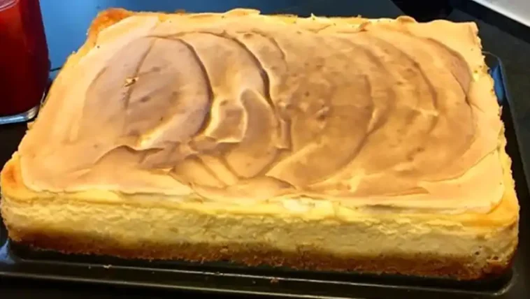 Saftiger Quarkkuchen vom Blech mit cremigem Vanillepudding