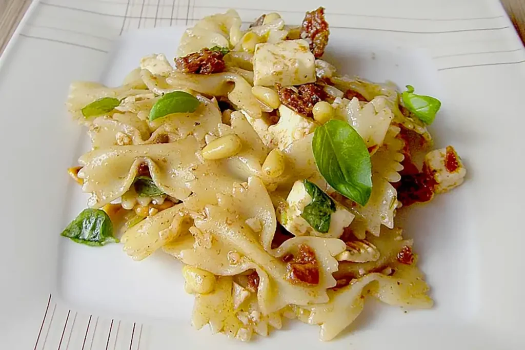 Nudelsalat mit getrockneten Tomaten, Pinienkernen, Schafskäse und Basilikum