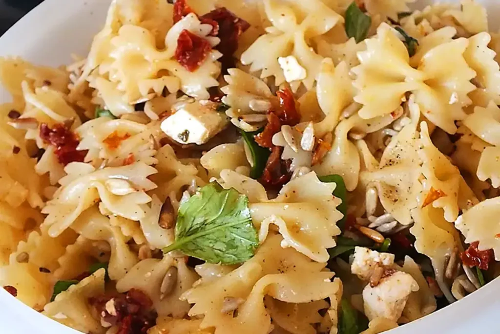 Nudelsalat mit getrockneten Tomaten, Pinienkernen, Schafskäse und Basilikum