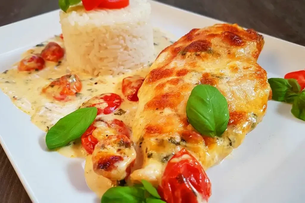 Mozzarella-Hähnchen in Basilikum-Sahnesauce