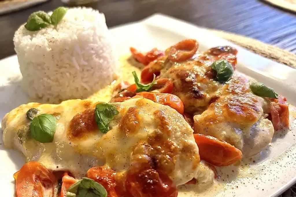 Mozzarella-Hähnchen in Basilikum-Sahnesauce