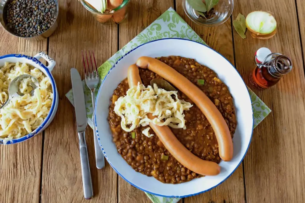 Schwäbische Linsen mit Spätzle und Saitenwürstchen