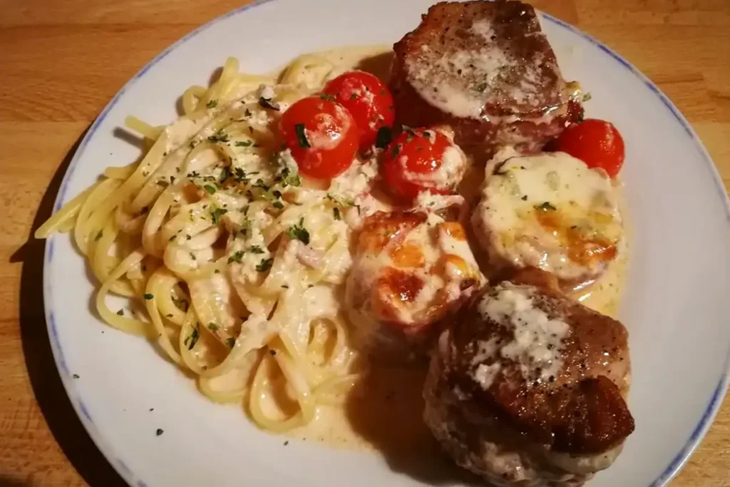 Schweinefilet mit Gorgonzola-Sahne-Sauce und Zucchini aus dem Backofen
