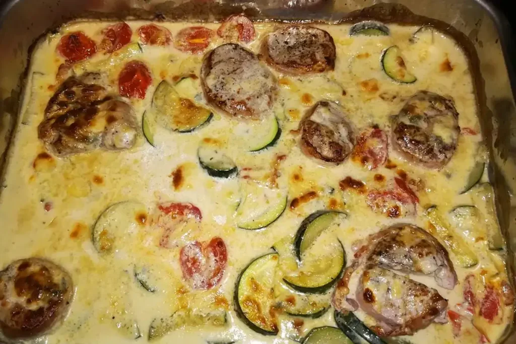 Schweinefilet mit Gorgonzola-Sahne-Sauce und Zucchini aus dem Backofen