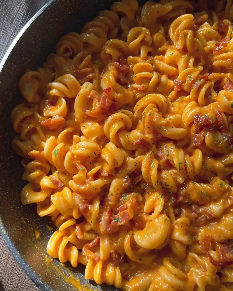 Cremige Pasta mit Bacon, geschmolzenem Mozzarella und frischen Tomaten