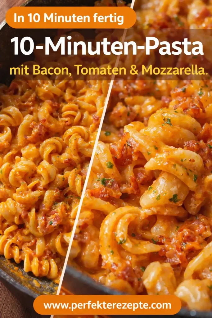 Servierfertige 10-Minuten-Pasta mit Bacon, Tomaten und Mozzarella