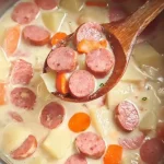 Hausgemachter Kartoffel-Möhren-Eintopf mit Würstchen frisch im Topf