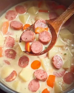 Hausgemachter Kartoffel-Möhren-Eintopf mit Würstchen frisch im Topf