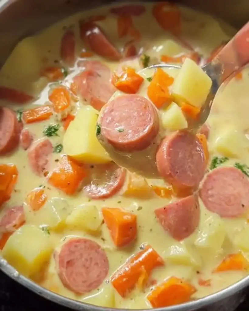 Eine Portion cremiger Kartoffeleintopf mit Würstchen als schnelles Mittagessen