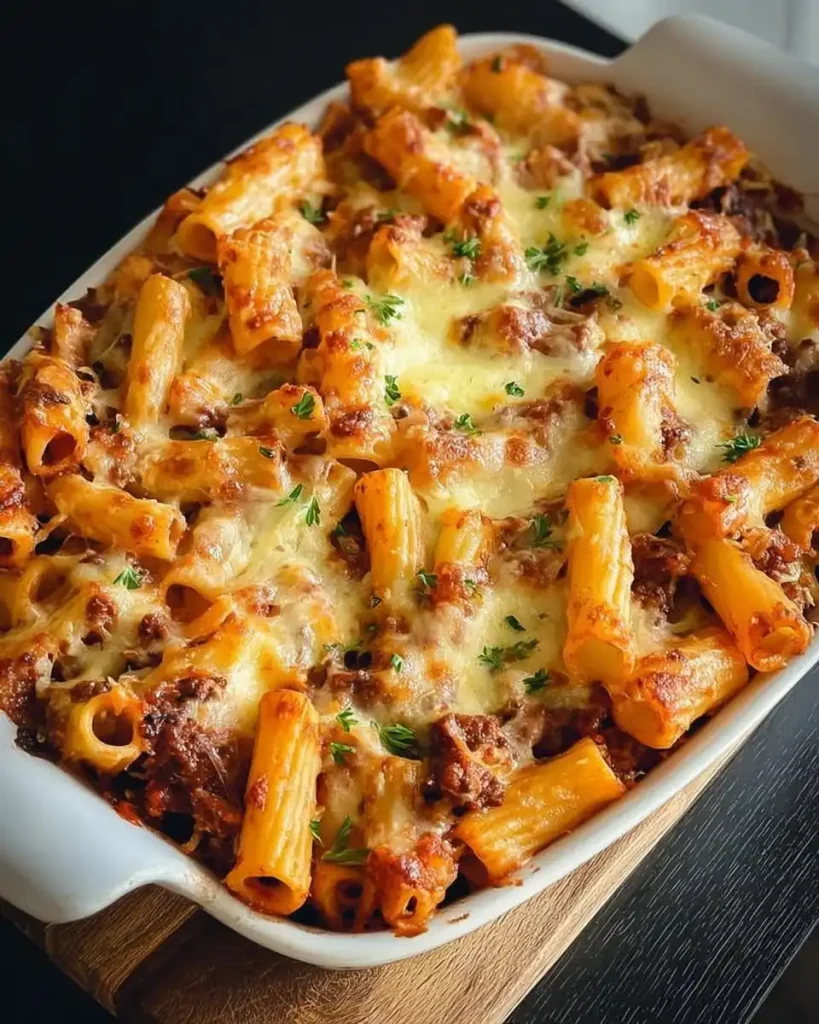 Eine Portion cremiger Nudelauflauf mit Hackfleisch frisch aus dem Ofen