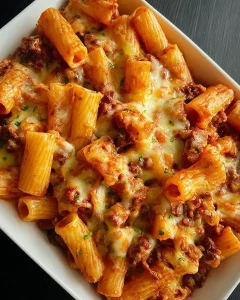 Goldbraun überbackener Nudelauflauf mit Hackfleisch in einer Auflaufform