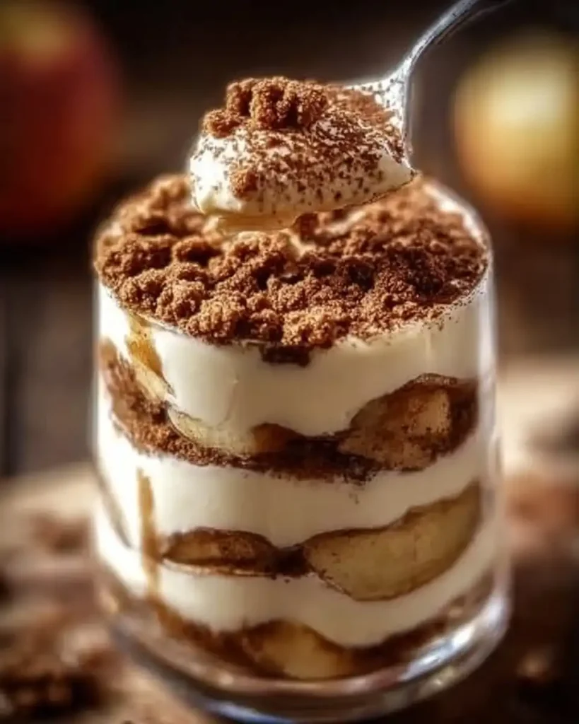 Eine Portion Bratapfel-Tiramisu dekoriert mit Zimt und Spekulatiusbröseln