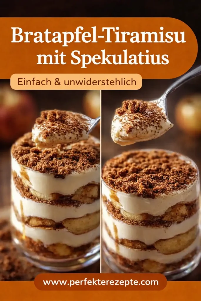 Schichtdessert mit Bratapfelstücken, Spekulatiuskeksen und Mascarponecreme im Glas