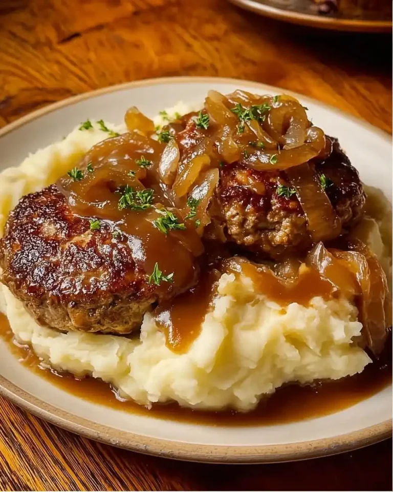 Nahaufnahme von einer Bulette auf Kartoffelbrei mit brauner Zwiebelsoße übergossen