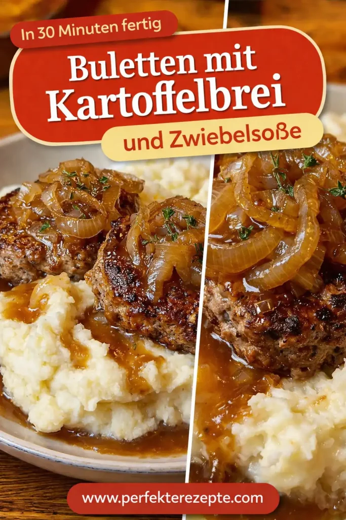 Klassische Buletten mit cremigem Kartoffelbrei und dunkler Zwiebelsoße auf einem Teller