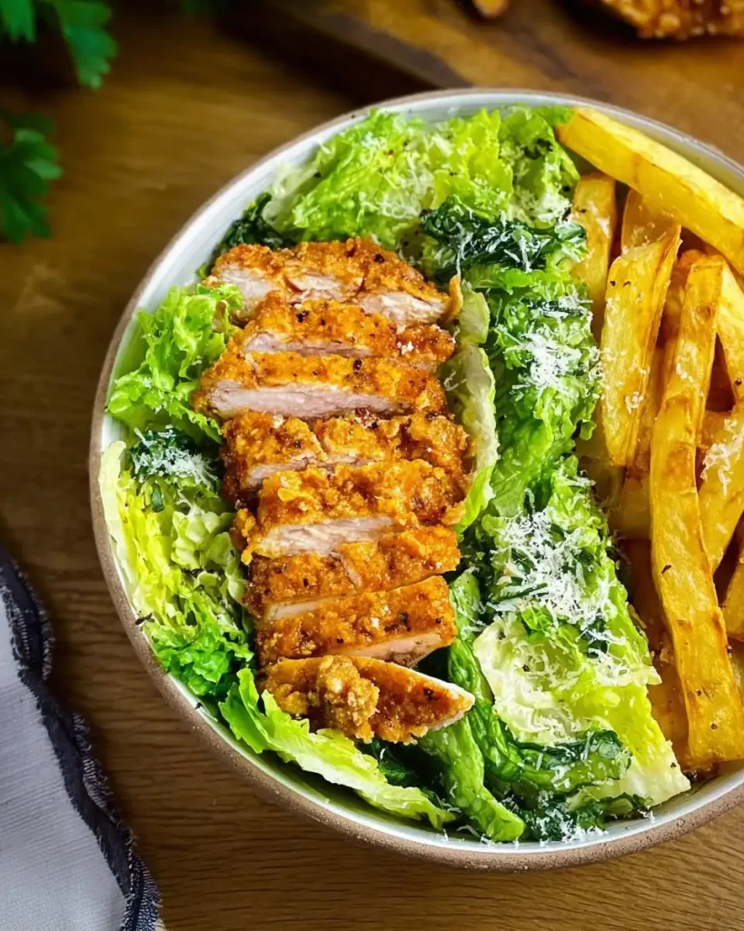 Eine Portion Caesar Salad mit Hähnchen und knuspriger Beilage in einer Schüssel