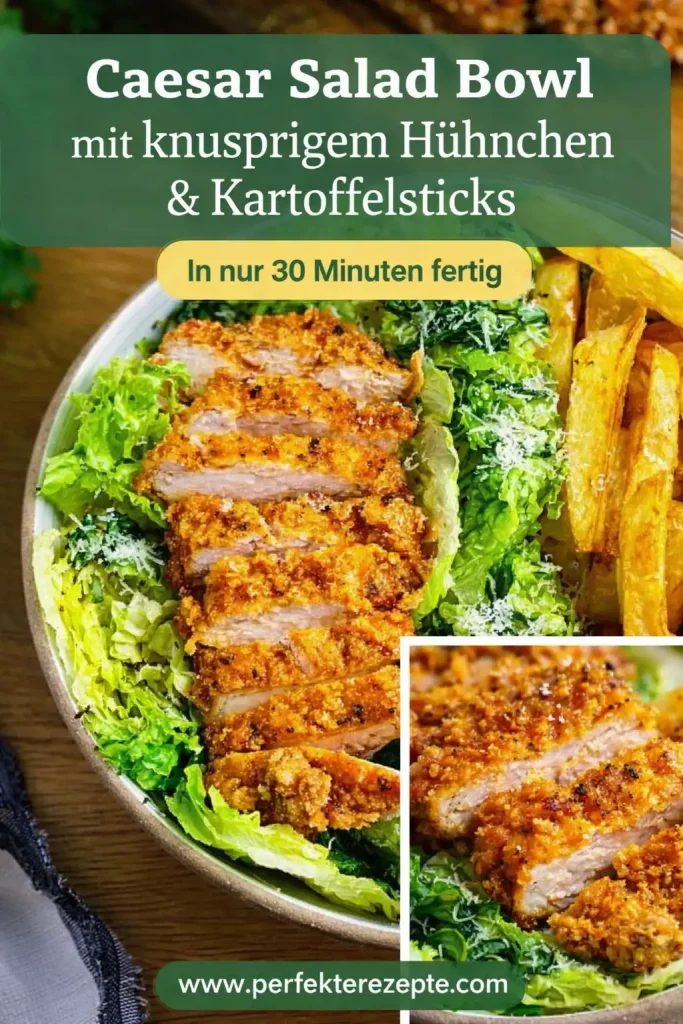 Caesar Salad Bowl mit knusprigem Hühnchen und goldenen Kartoffelsticks