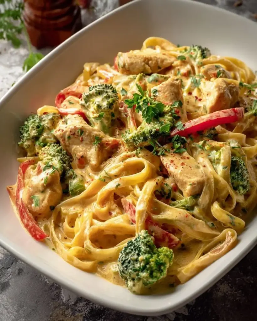 Eine Portion Pasta mit Hähnchen und Gemüse in cremiger Sauce auf einem Teller