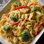 Nahaufnahme von Fettuccine-Nudeln mit Hähnchenstücken, Brokkoli und Paprika