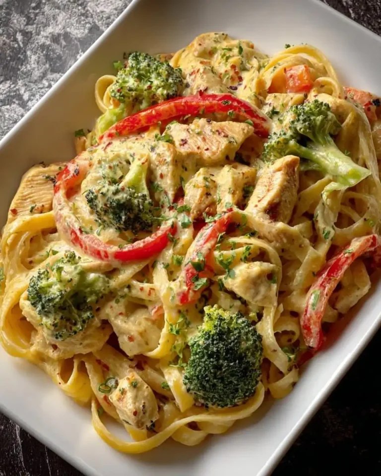 Nahaufnahme von Fettuccine-Nudeln mit Hähnchenstücken, Brokkoli und Paprika