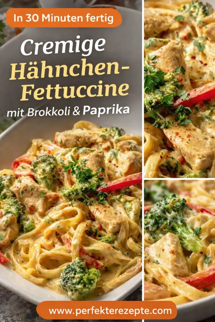 Cremige Hähnchen-Fettuccine mit Brokkoli und roter Paprika in einer Pfanne