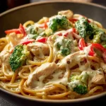 Servierfertige Pasta mit Hähnchen, Brokkoli und Paprika