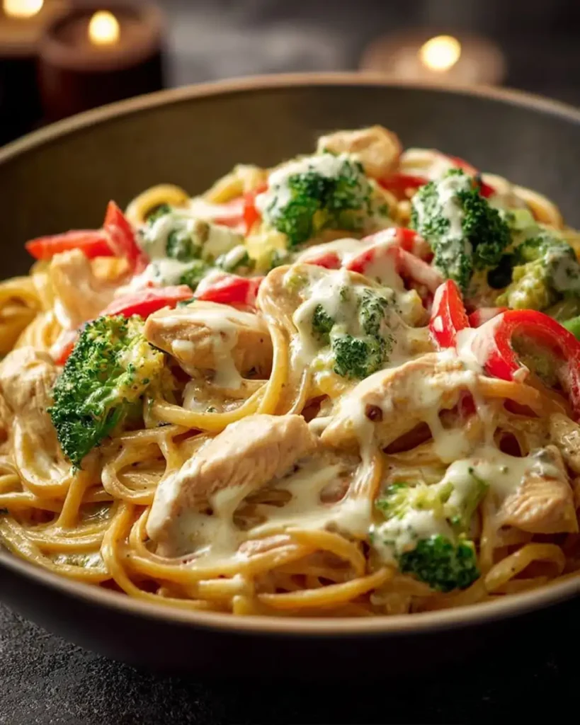 Servierfertige Pasta mit Hähnchen, Brokkoli und Paprika