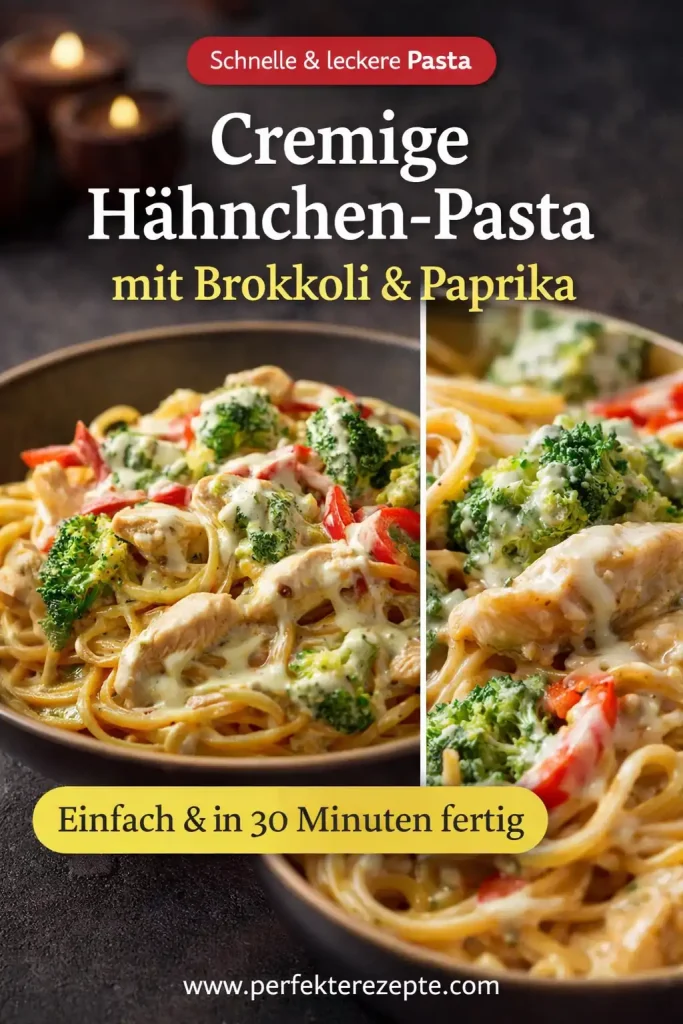 Eine Schüssel cremige Hähnchen-Pasta mit Brokkoli und Paprika