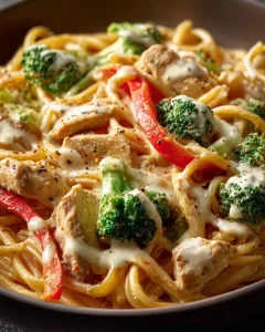 Portion cremige Pasta mit zartem Hähnchen und buntem Gemüse