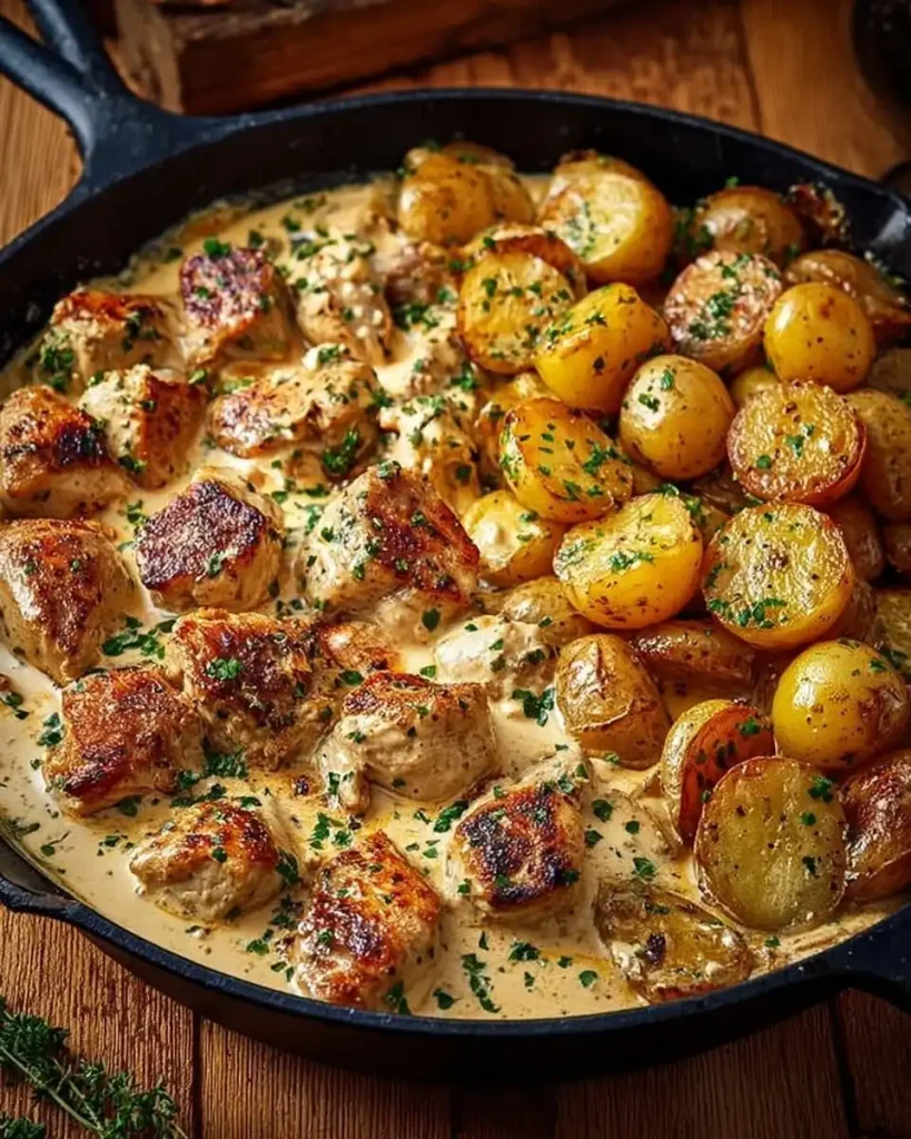 Eine Portion Hähnchen-Pfanne mit kleinen Kartoffeln auf einem Teller serviert