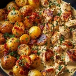 Nahaufnahme der cremigen Sauce mit Hähnchenstücken und kleinen Röstkartoffeln