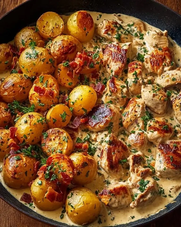 Nahaufnahme der cremigen Sauce mit Hähnchenstücken und kleinen Röstkartoffeln