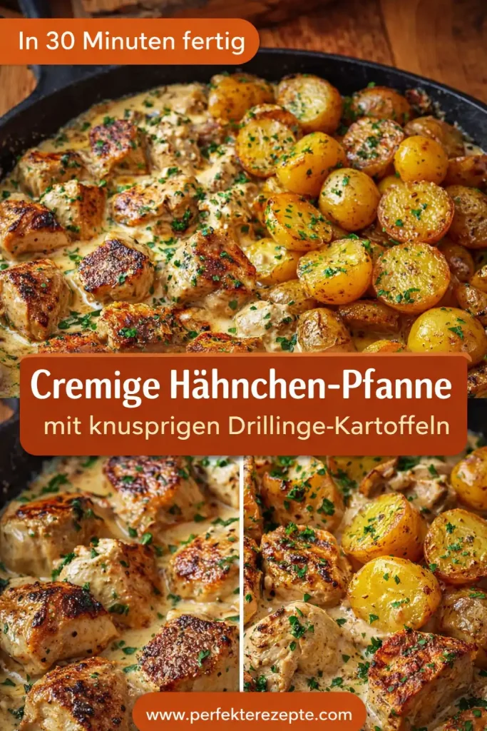 Cremige Hähnchen-Pfanne mit goldbraun gebratenen Drillinge-Kartoffeln und Sauce