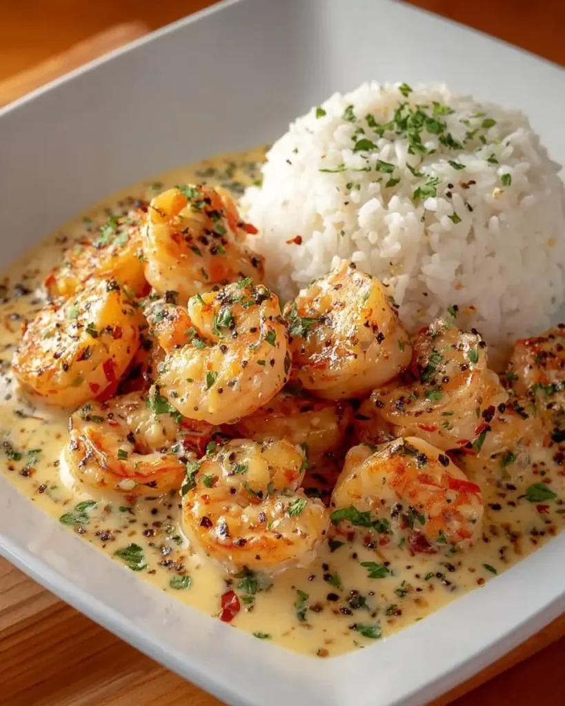 Eine Portion Garnelen in Knoblauchsauce auf einem Bett aus Basmati-Reis