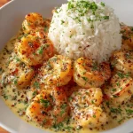 Nahaufnahme von gebratenen Garnelen in einer cremigen weißen Sauce mit Petersilie